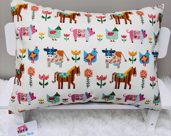 Folk Art Farm Animals Pillowcase • Travel or Toddler Daycare Pillow Cover