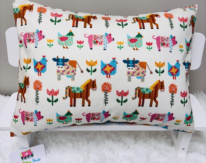 Folk Art Farm Animals Pillowcase • Toddler & Travel Pillow Cover (Multiple Sizes)