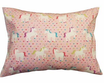 Child Unicorn & Hearts Pony Travel Pillow Case / Pink Toddler Pillowcase