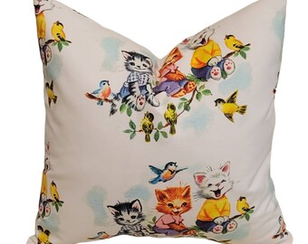 18x18 Pillow with Decorative Indoor Throw Pillow Cover, Kittens & Birds Floral Cotton Linen Accent Pillow Cover
