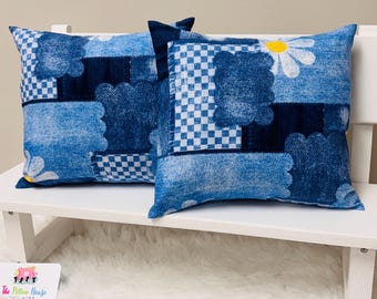 Set of 2 Mini Denim Patchwork Daisy Pillow Covers • Cottage Style (10x10)