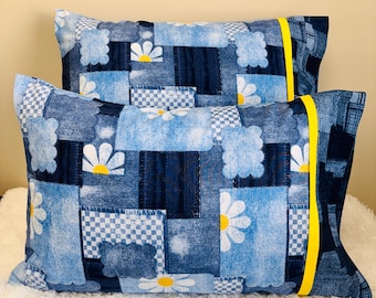 Handmade Denim Patchwork Daisy Pillowcases • 16x22 Youth Bedding (Set of 2)