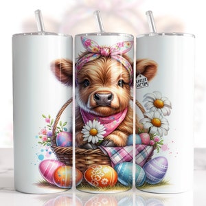 Easter Highland Cow Tumbler Wrap, Western Tumbler Sublimation, Spring Highland Cow Tumbler Png, Easter Eggs Tumbler, 20oz Skinny Tumbler