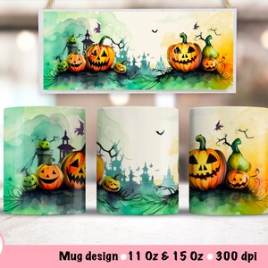 Watercolor Halloween Pumpkin Mug Wrap Sublimation Design, 15 Oz Mug Template, Sublimation Designs, Digital Download, 11 Oz Mug Template