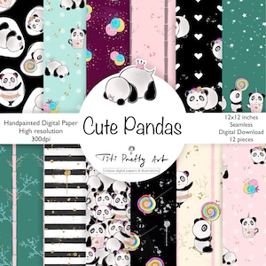 Papier de découpage de panda, kit de journal indésirable, cadeaux de panda, ours panda, modèles sans couture, timbre numérique, autocollants panda