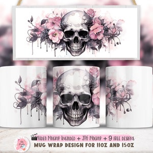 Watercolor Skull Roses Mug Wrap Sublimation Design, 15 Oz Mug Template, Sublimation Designs, Digital Download, 11 Oz Mug Template
