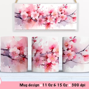 桜の花のマグカップラップ昇華デザイン、15オンスマグカップテンプレート、昇華デザイン、デジタルダウンロード、11オンスマグカップテンプレート