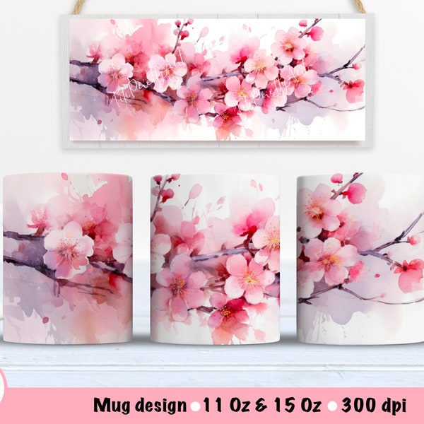 Cherry Blossom Flowers Mug Wrap Sublimation Design, 15 Oz Mug Template, Sublimation Designs, Digital Download, 11 Oz Mug Template