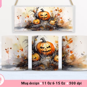 Watercolor Halloween Pumpkin Mug Wrap Sublimation Design, 15 Oz Mug Template, Sublimation Designs, Digital Download, 11 Oz Mug Template