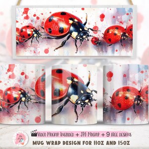 Watercolor Ladybugs Mug Wrap Sublimation Design, 15 Oz Mug Template, Sublimation Designs, Digital Download, 11 Oz Mug Template