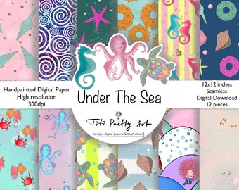 Under The Sea Digital Paper, Octopus Wall Art, Seahorse, Paper Cut Art, Summer Digital Paper, Ocean Life Paper, Instant Download