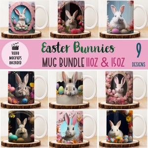 9+ 3D Easter Bunny Hole In A Wall Mug Wrap Bundle, Easter Egg Mug Design, Sublimation Design, Coffee Mug Png, 15 oz Mug Template, Easter Png