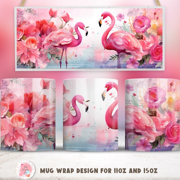 Conception de sublimation de wrap de flamant rose, modèle de tasse de 15 oz, designs de sublimation, téléchargement numérique, modèle de tasse de 11 oz