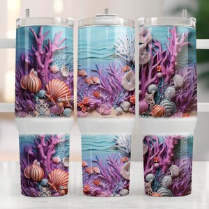 Bicchiere quencher da spiaggia 3D da 40 once, involucro per bicchiere estivo da 40 once, bicchiere con manico da 40 once sotto il mare, bicchiere viola Png, download digitale