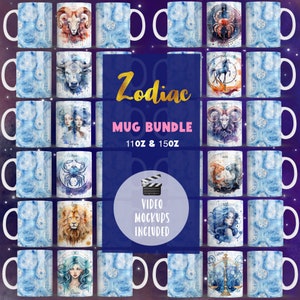 Zestaw do sublimacji kubków Zodiac Wrap, kubek Full Wrap 150z, wzory sublimacji, pobieranie cyfrowe, szablon kubka 11 Oz