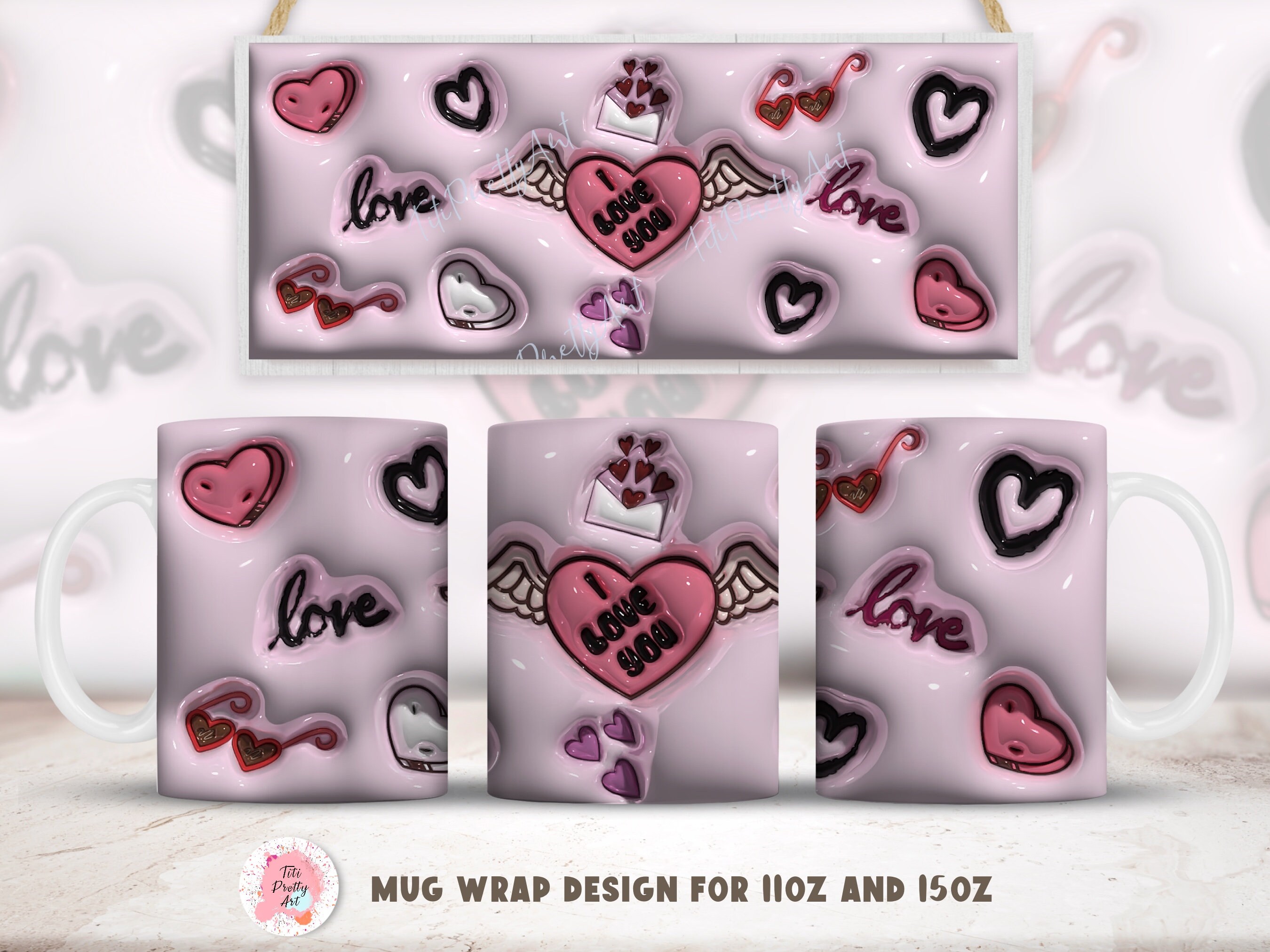 3D inflate Hearts, love mug wrap sublimation designs bundle