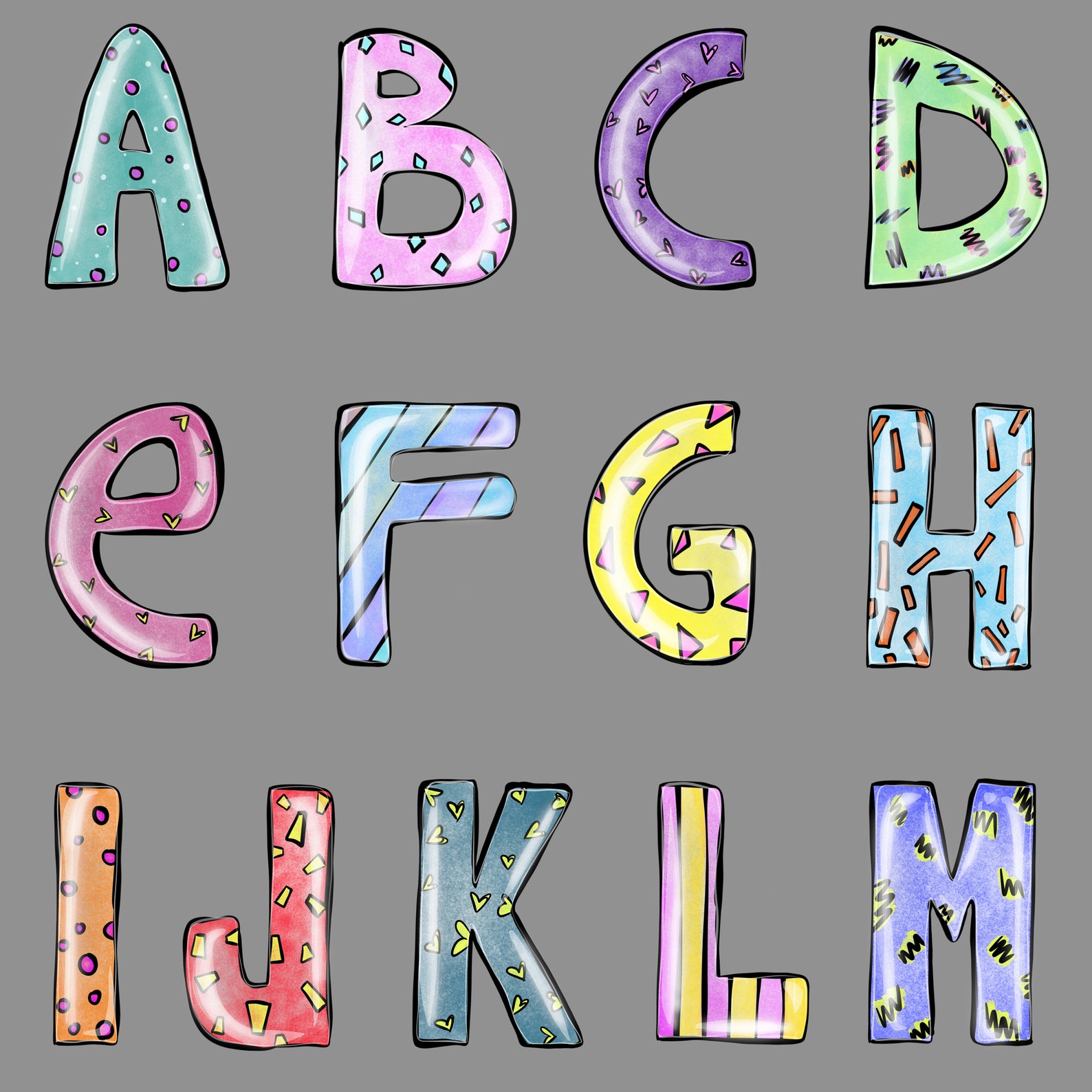 Bunte Alphabet Buchstaben Doodle PNG Alphabet Aufkleber Tie Etsy