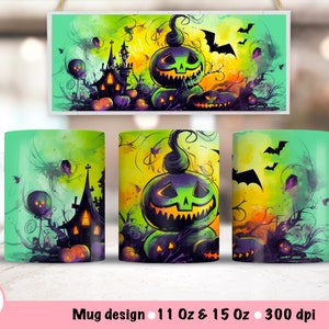 Watercolor Halloween Pumpkin Mug Wrap Sublimation Design, 15 Oz Mug Template, Sublimation Designs, Digital Download, 11 Oz Mug Template