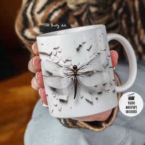 3D Dragonfly Hole In A Wall Mug Wrap, Dragonfly Mug Design, Sublimation Designs, Coffee Mug Png, 15 oz Mug Template, Dragonfly Png, Tea Cup