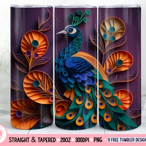 Peacock Skinny Tumbler 20 oz Sublimation Design, 3D Tumbler Wrap, Instant Digital Download, Straight And Tapered Tumbler Wrap PNG