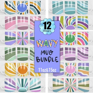 12+ Retro Wavy Mug Wrap Mega Bundle Sublimation Design, 15 Oz Mug Template, Plaid Sublimation Blank, Digital Download, 11 Oz Mug Template