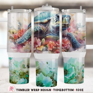 Watercolor Turtle Skinny Tumbler 40 oz Sublimation Design, 40 oz Tumbler Wrap, Instant Digital Download, Top And Bottom Tumbler Wrap PNG