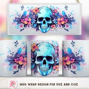 Skull Mug Wrap Sublimation Design, 15 Oz Mug Template, Sublimation Designs, Digital Download, 11 Oz Mug Template