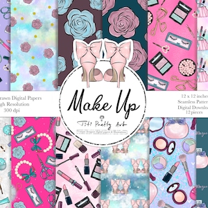 Paquete de papeles digitales de maquillaje, fondos de rosas, ilustraciones de moda, imágenes prediseñadas de flores, papel digital femenino