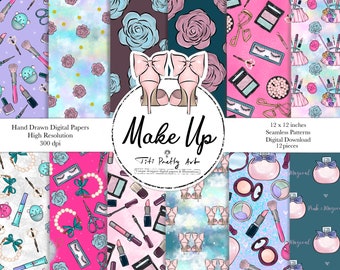 Makeup Digital Papers Pack, Rose Backgrounds, Fashion Illustrations, Flower Clipart, Girly Digital Paper