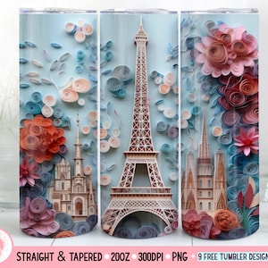 Eiffel Tower Skinny Tumbler 20 oz Sublimation Design, 3d Tumbler Wrap, Instant Digital Download, Straight And Tapered Tumbler Wrap PNG