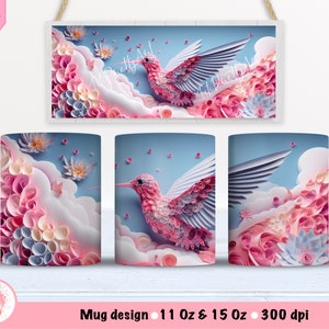 3d Hummingbird Mug Wrap Sublimation Design, 15 Oz Mug Template, Sublimation Designs, Digital Download, 11 Oz Mug Template