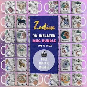 Zestaw 3D nadmuchanego kubka zodiaku z nadrukiem sublimacyjnym, kubek z pełnym nadrukiem 150z, wzory sublimacyjne, pobieranie cyfrowe, szablon kubka 11 oz
