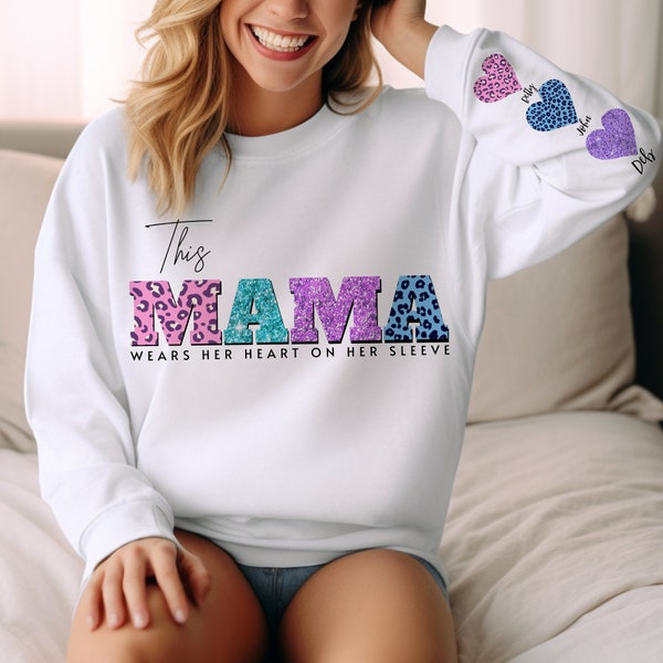 This Mama Wears Her Heart On Her Sleeve PNG, Faux Sequin, Valentine Loved Mama T-shirt Sublimation Png, Valentines Day Png, Gift For Mom