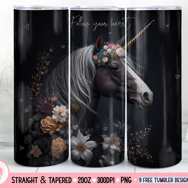 Unicorn Skinny Tumbler 20 oz Sublimation Design, Flowered Tumbler Wrap, Instant Digital Download, Straight And Tapered Tumbler Wrap PNG