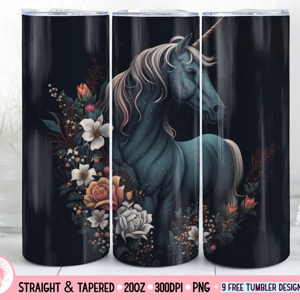 Unicorn Skinny Tumbler 20 oz Sublimation Design, Flowered Tumbler Wrap, Instant Digital Download, Straight And Tapered Tumbler Wrap PNG