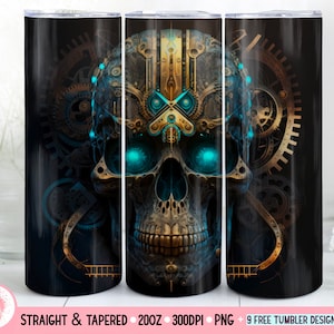 Skull Skinny Tumbler 20 oz Diseño de sublimación, envoltura de vaso Steampunk, descarga digital instantánea, envoltura de vaso recto y cónico PNG