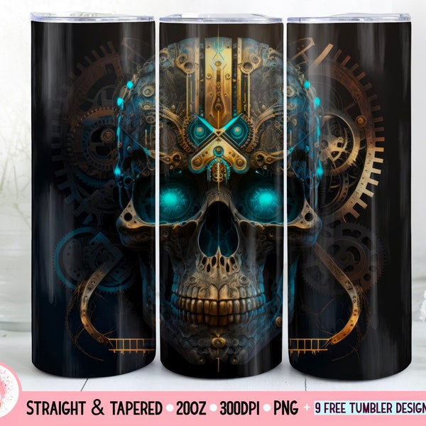 Skull Skinny Tumbler 20 oz Sublimatie Design, Steampunk Tumbler Wrap, Instant Digitale Download, Rechte en taps toelopende Tumbler Wrap PNG