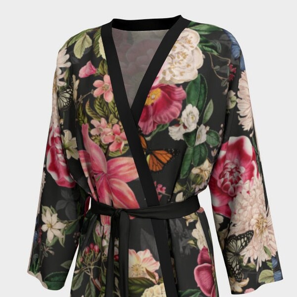 Women’s Robe/Kimono/Botanical Butterfly Print-3 Fabric Choices: 100% Silk, Sheer Poly Chiffon, Stretchy Peachskin Jersey- Made in Canada
