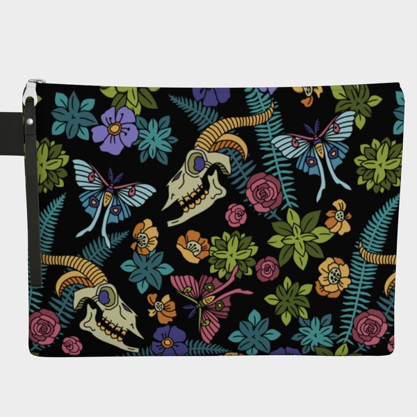 Night Garden Zipper Pouch - 4 Sizes/ 10” - 12” - 14” - 16” - Made in Canada - Eco Friendly - Vegan Leather Pully