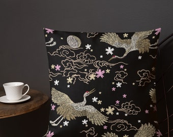 18” x 18”- Decorative Pillow Cover /Cherry Blossom + Heron/Black-Pink-Gold/ 4 Fabric Choices: Velveteen, Eco Poly Canvas, Cotton Linen Blend