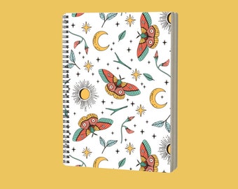 Spiral Sketchbook - Whimsical Sun, Moon, Moth Cover- Large 10” x 15” - Polymer Cover - Choose From: Acid Free Drawing or Sketch Paper