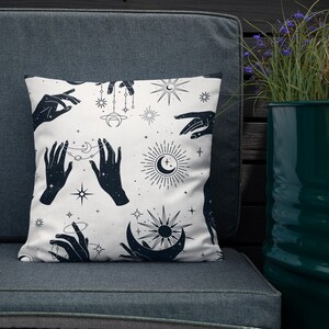 18” x 18”-Decorative Pillow Case -Cosmos Hands/Sun + Moon- 4 Fabric Choices: Velveteen, Eco Poly Canvas, Cotton Canvas, Cotton Linen Blend