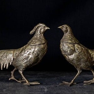 Pair of Vintage Cast Silver Plated Pheasant Sculptures Mid Century Modern  Bird Figures