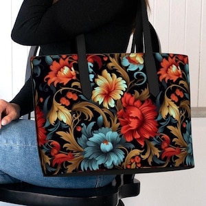Leather Laptop Bag for Work Tote Bag Rococo Floral Gift Carpet Bag Vegan Leather Tote Bag for Women Work Bag Victorian Goth Aesthetic Tote