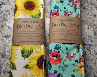 Floral Dish Drying Mat: Quilted Cotton Absorbent Kitchen Towel