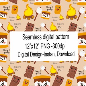 May include: A seamless digital pattern featuring cartoon s'mores, campfires, and chocolate bars on a tan background. The design includes the text "S'more Fun" and "Ooey & Goofy". The pattern is 12"x12" and is a PNG file.