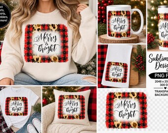 Merry & Bright Sublimation PNG, Christmas Buffalo Plaid Leopard PNG, Holiday Shirt Design, Christmas Sublimation Design, Digital Download