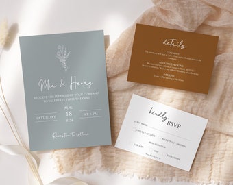 Minimalist Wedding Invitation 3 Piece Template Set, Modern Invite, Simple Editable Invite Template. Template Download, Editable Invitation.