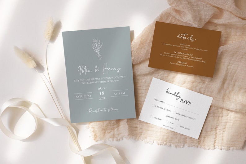 Minimalist Wedding Invitation 3 Piece Template Set, Modern Invite, Simple Editable Invite Template. Template Download, Editable Invitation. image 1