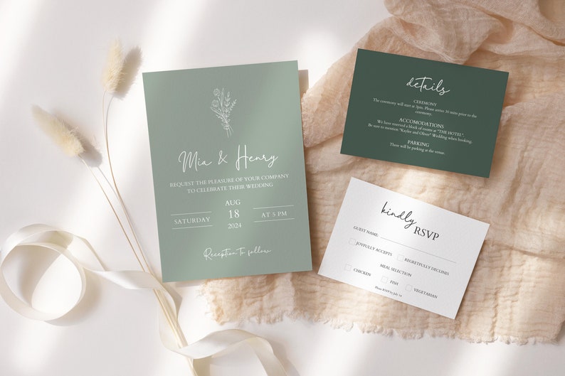 Minimalist Wedding Invitation 3 Piece Template Set, Modern Invite, Simple Editable Invite Template. Template Download, Editable Invitation. image 4